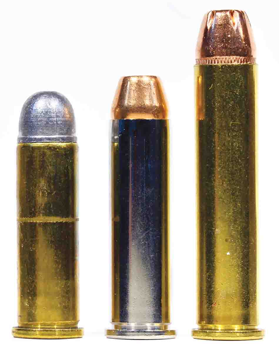 The 38/357 family (left to right): 38 Special, 357 Magnum and 357 Maximum. Any of the three can be fired in the new barrel, which affords great flexibility.